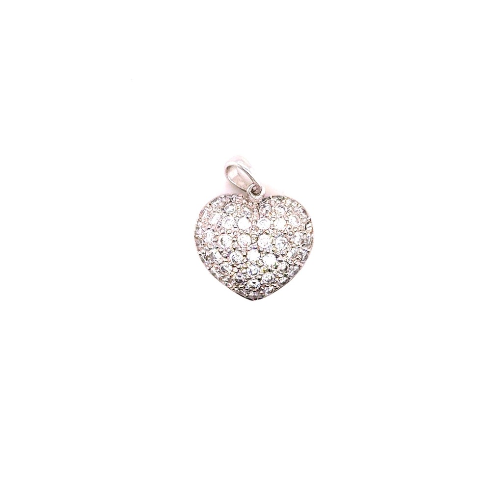18k White Gold Diamond Pave Puffed Heart Pendant Charm Genuine Stones
